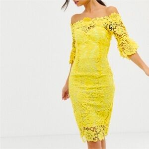 ASOS Paper Dolls Off Shoulder Crochet Midi Dress With Frill Sleeve